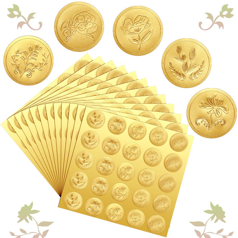Chinco 500 Pieces Gold Embossed Envelope Seals Stickers Adhesive Seal Stickers Vintage Embossed Foil Certificate Kit Plant DIY Labels for Wedding Invitations Envelopes  5 Patterns(Flower Style) - Image 1